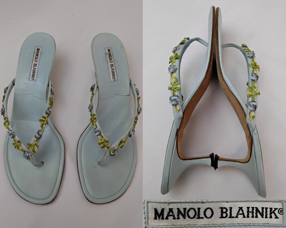 Manolo Blahnik Sandal Vintage Women's 39.5 Blue Floral Thong Heels Italy #Z5971